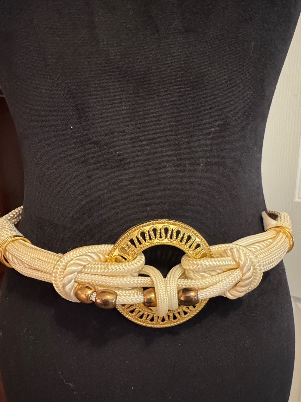 Gold-Tone Rope Knot Belt with Ivory Braided Cord 33”
